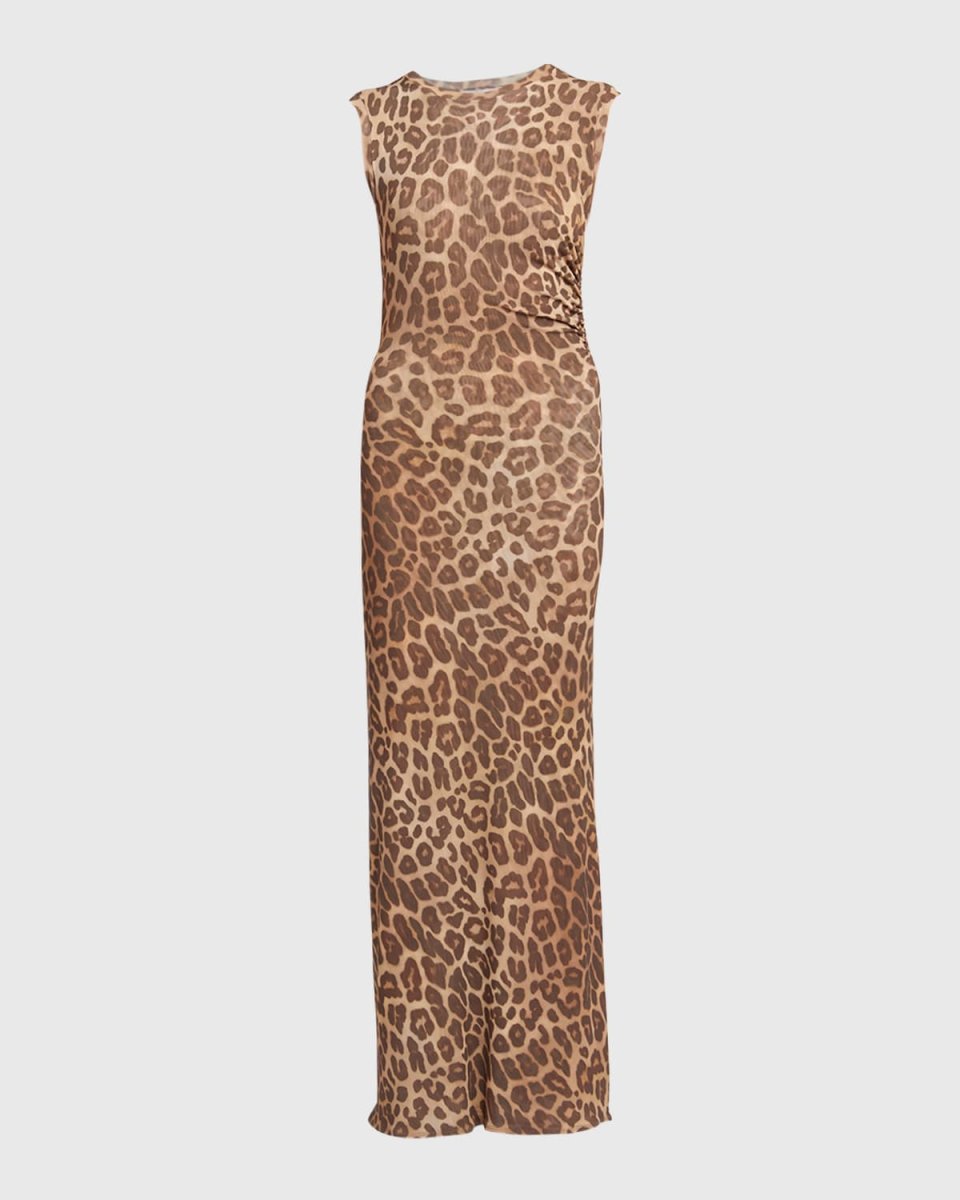 Long Leopard Mesh Sleeveless Dress